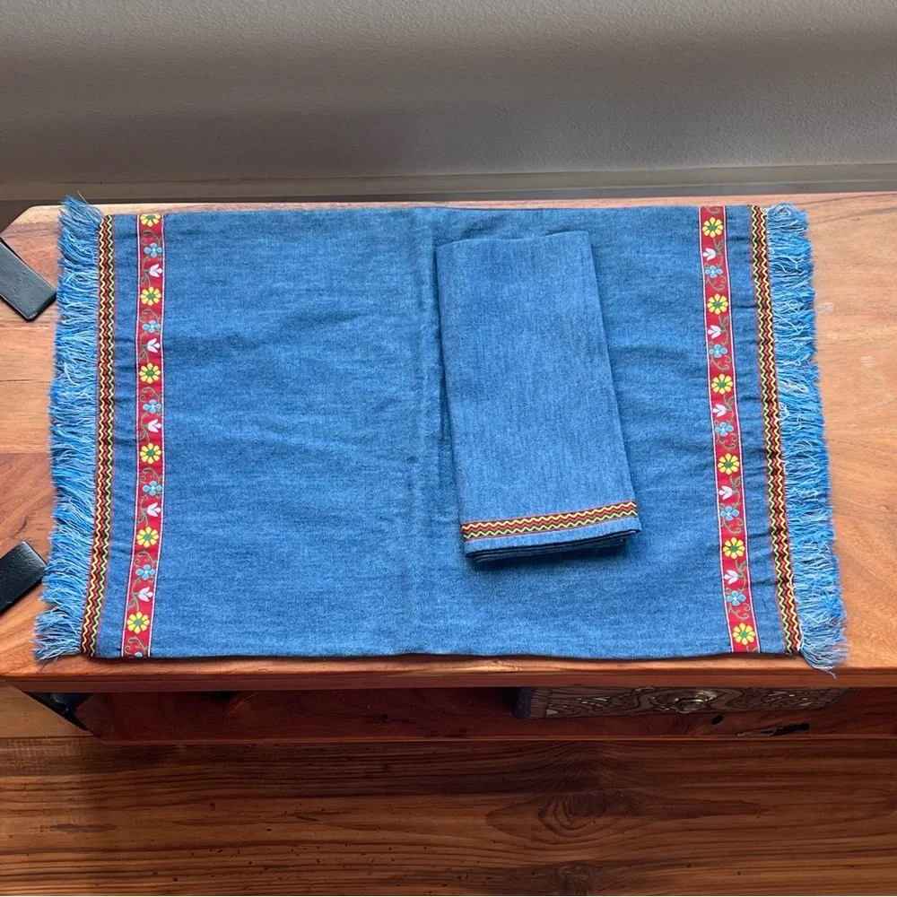 Vintage Boho Denim Placemats Napkins Set Fringe Farmhouse Table Decor NWT